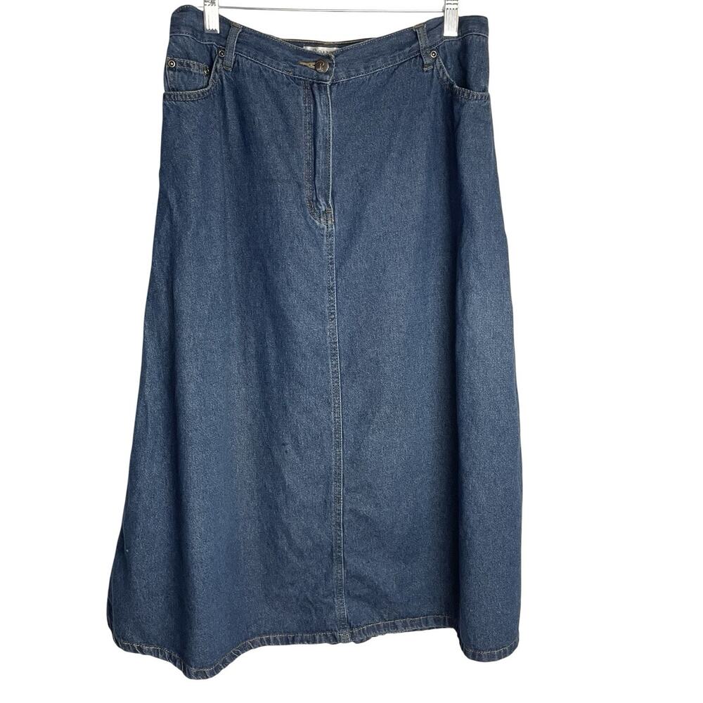 Vintage Roamans Womens Denim Skirt Sz 12W Blue A-Line Elastic Waist Modest Midi